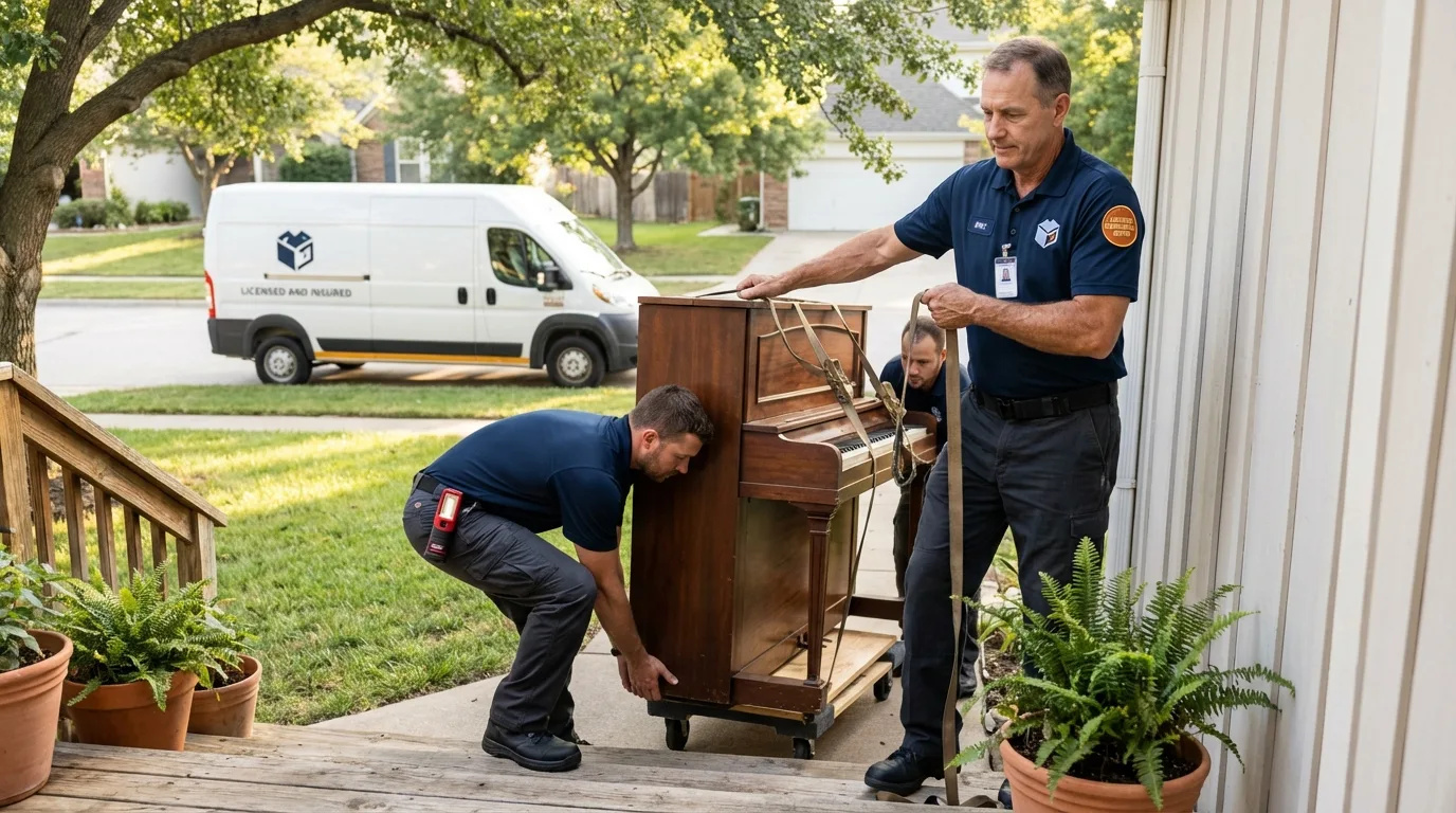 Licensed piano movers securing grand piano in Meadville, PA