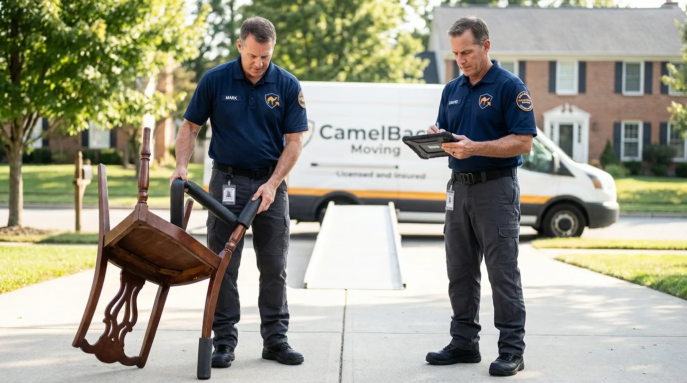 Movers inspecting furniture for damage prevention before loading in Meadville, PA