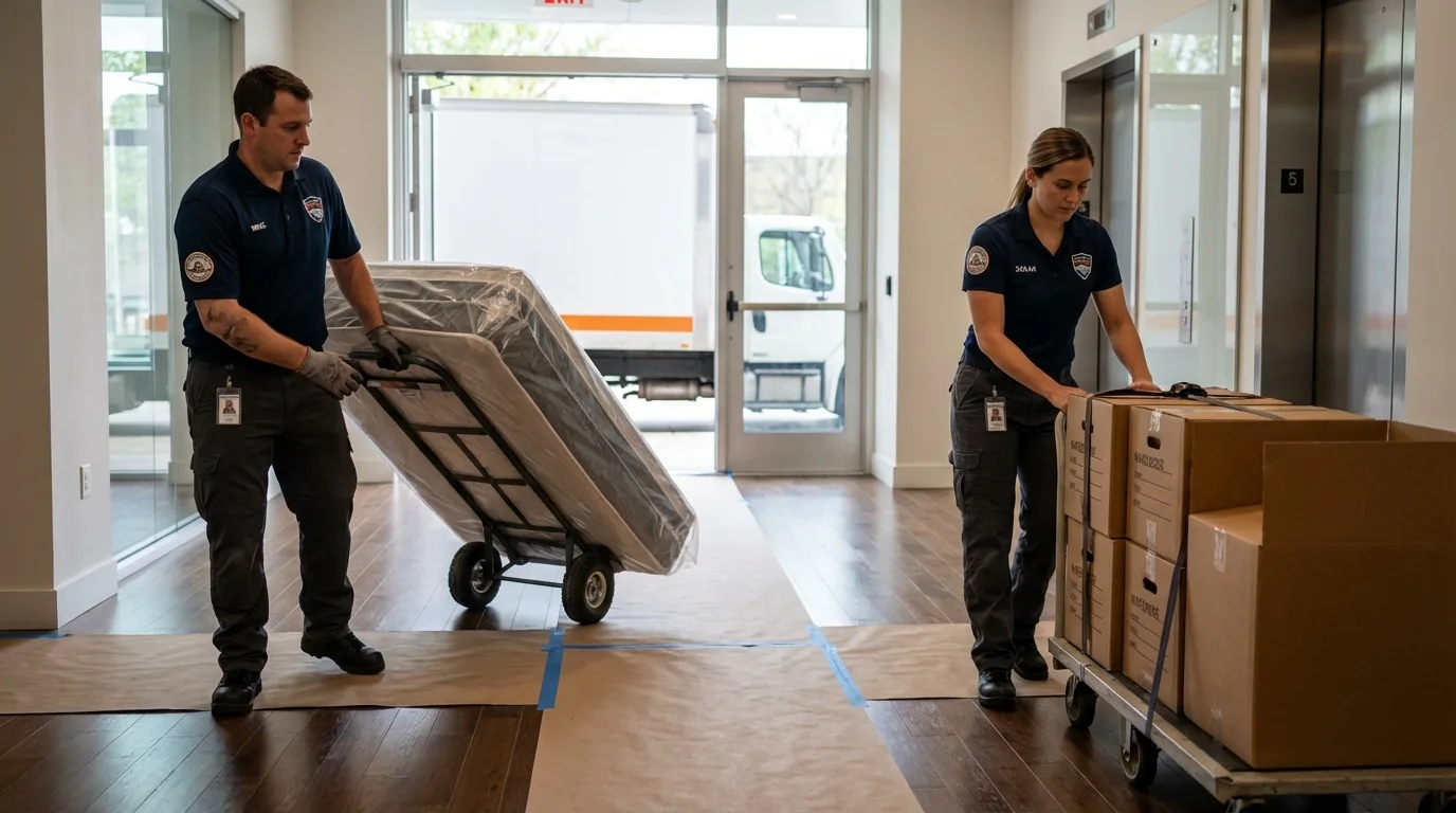 Professional apartment movers loading elevator in Meadville, PA