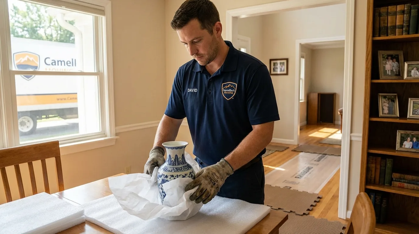 Professional crew carefully wrapping antique vase for senior downsizing move in Meadville, PA